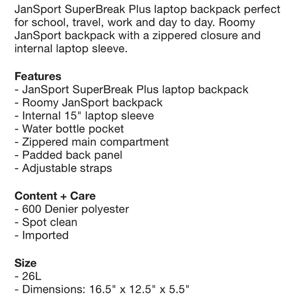 NWT JanSport SuperBreak Plus laptop backpack - Picture 5 of 5
